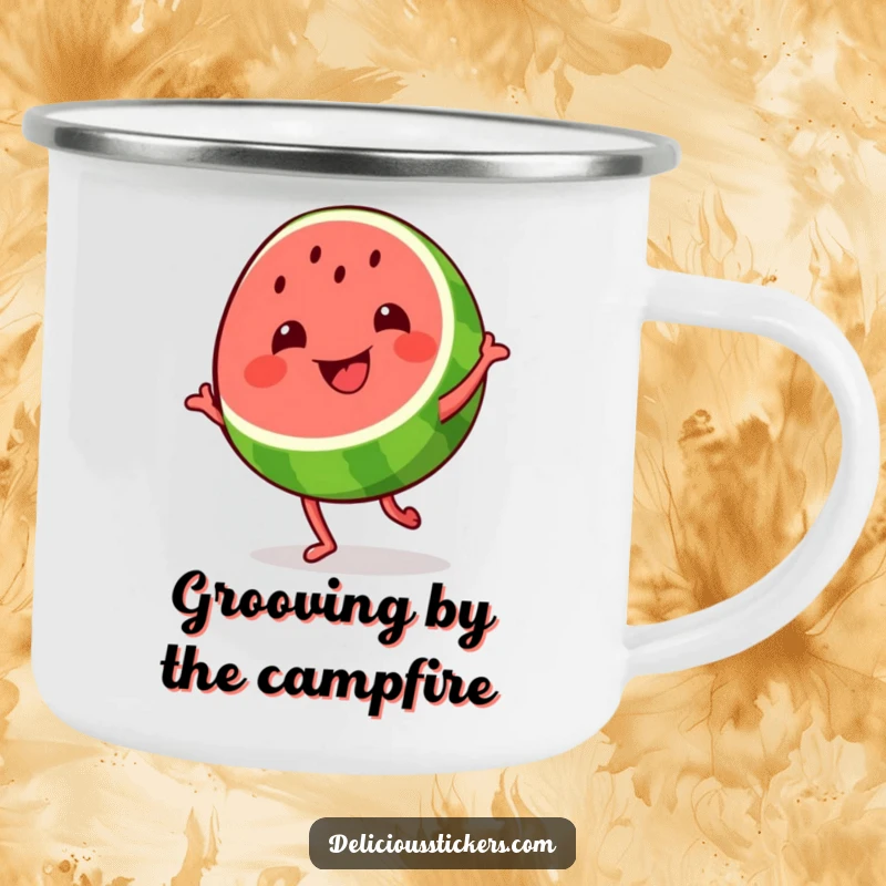 Funny grinning watermelon slice camping mug, the fruit dances with joy, perfect for cheerful outdoor moments.