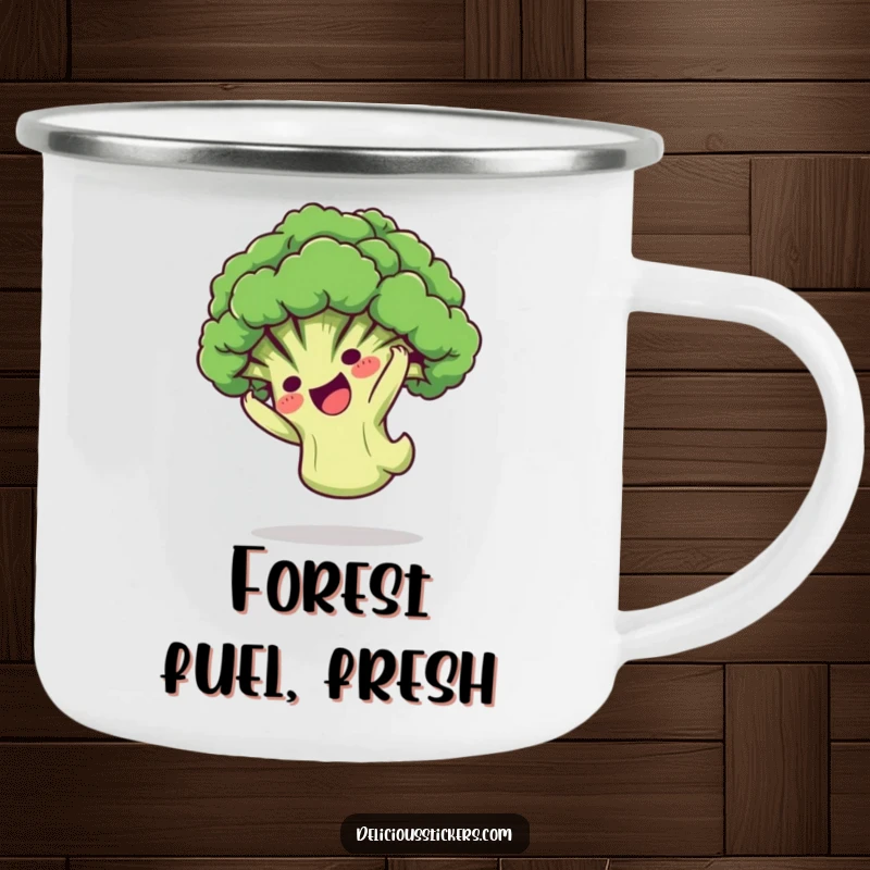Funny Camping Mug: A playful broccoli floret character doing a somersault, bringing cartoon fun to outdoor drinks.