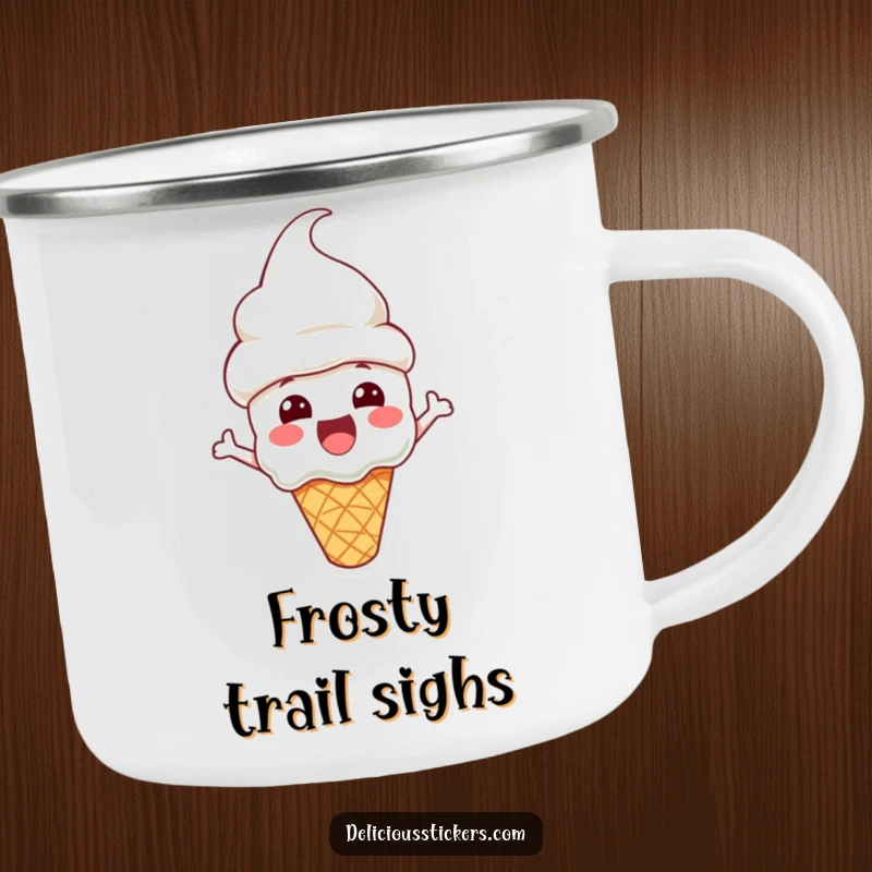 Funny Camping Mug featuring an excited ice cream cone character with a cone hat, perfect for sweet moments outdoors.