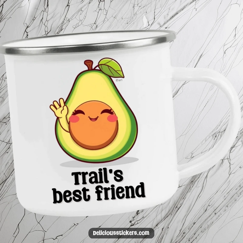 Funny avocado camping mug character winking and waving, durable and charming for enjoying beverages during outdoor adventures.