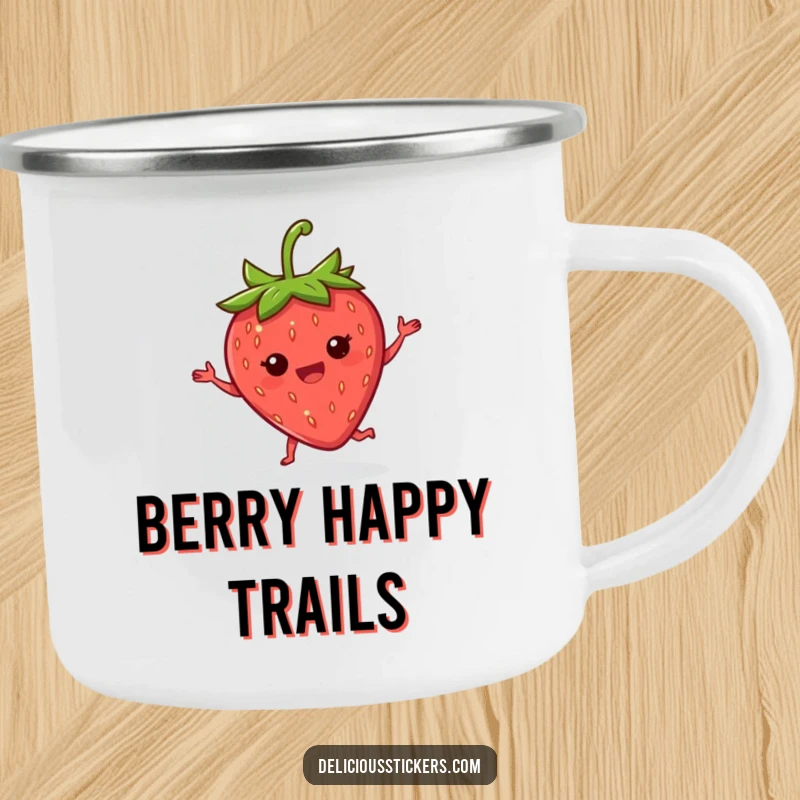 Funny berry adventure mug showing a delighted strawberry doing a happy little jig with its leaves, ready for camping.