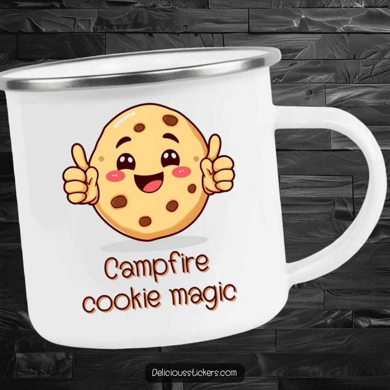 Funny Cookie Camping Mug featuring a happy cookie character giving double thumbs up, perfect for adventures.