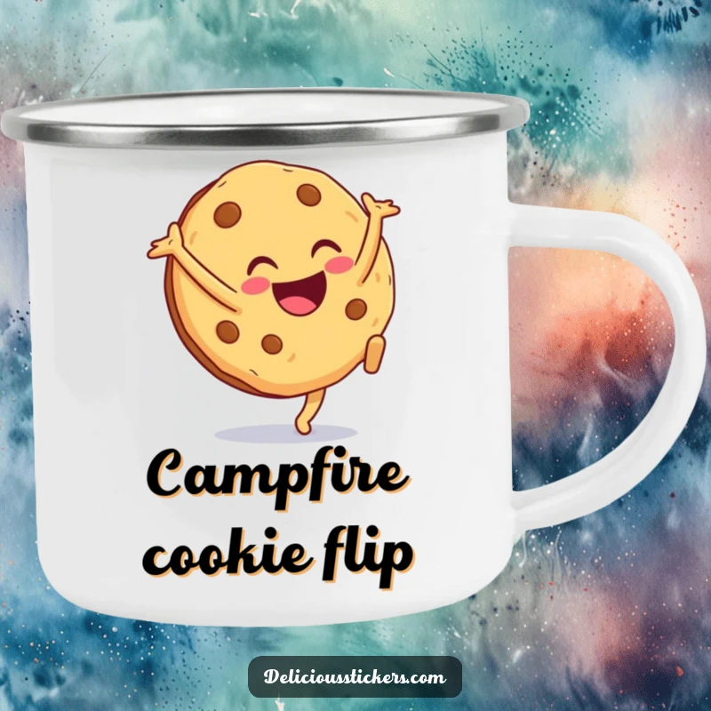 Funny cookie camping mug character doing a cartwheel, durable and charming for enjoying beverages during outdoor adventures.