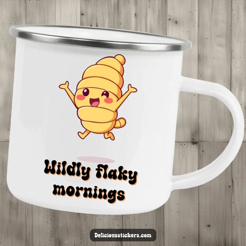 Funny croissant leap camping mug, a cheerful croissant character leaping into the air, for outdoor enthusiasts.