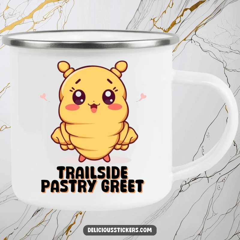 Funny croissant character with waving ends on a camping mug, a surprised and durable beverage holder.