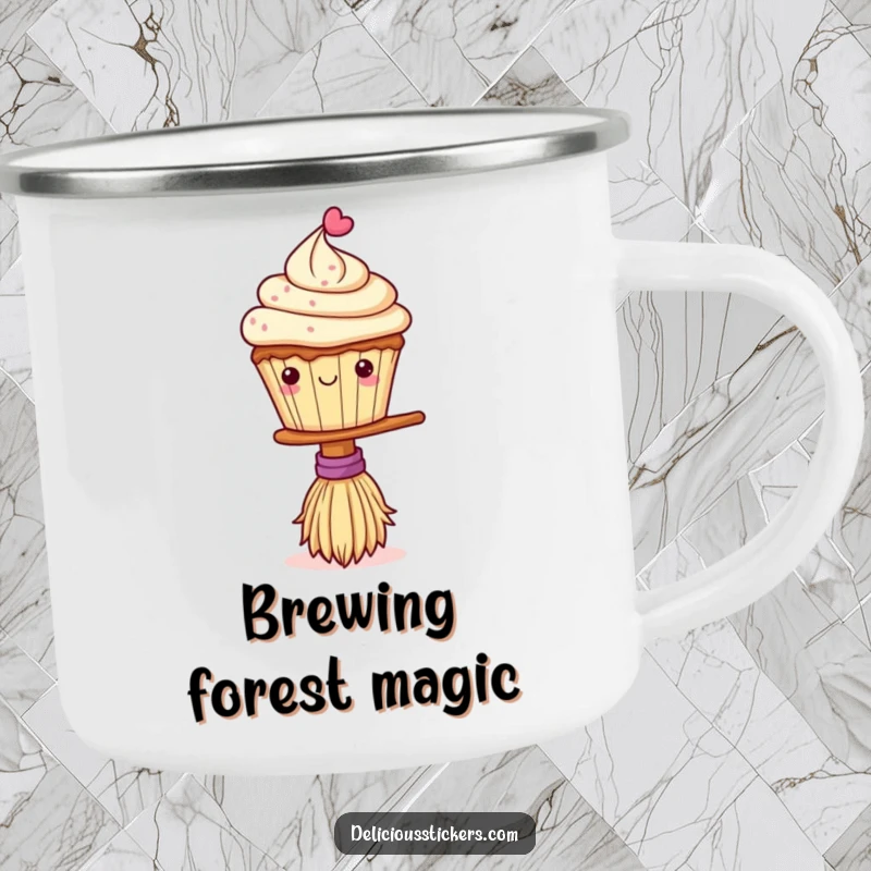 Funny camping mug featuring a cupcake balancing on a broom, bringing whimsical humor to outdoor adventures and morning brews.