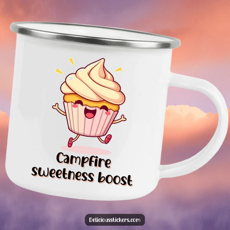 Funny Camping Mug: A beaming cupcake character doing a little hop, bringing cartoon sweetness to outdoor drinks.