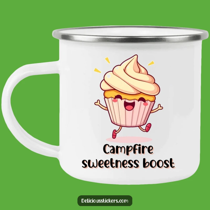 Funny Cupcake Hop Camping Mug: Beaming Character Jumps, Outdoor Gift!