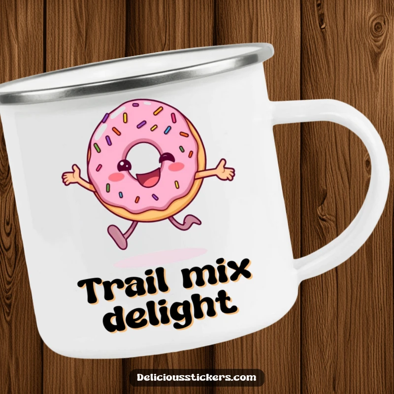 Funny donut camping mug character happily hopping, durable and charming for enjoying beverages during outdoor adventures.