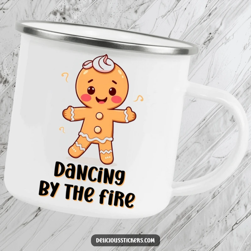Funny gingerbread man doing a jig with frosting swirls, this enamel camping mug is festive and humorous, ideal funny gift.