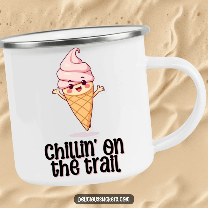 Funny ice cream cone camping mug character in a joyful spin, durable and stylish for outdoor adventures and warm beverages.