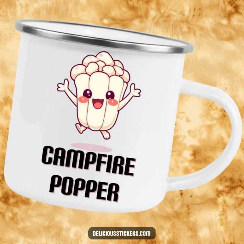 Funny camping mug featuring an excited popcorn kernel character jumping with joy, ideal for movie nights under the stars.