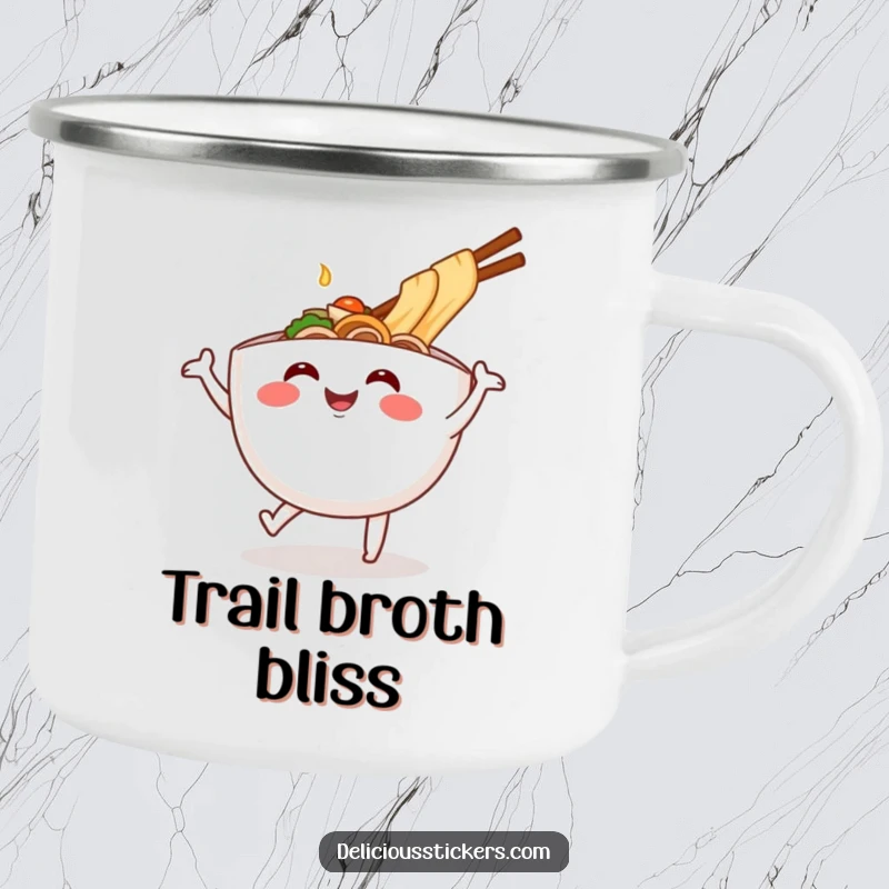 Funny ramen bowl dance camping mug, cartoon noodles on an adventure, a durable and humorous outdoor gift.