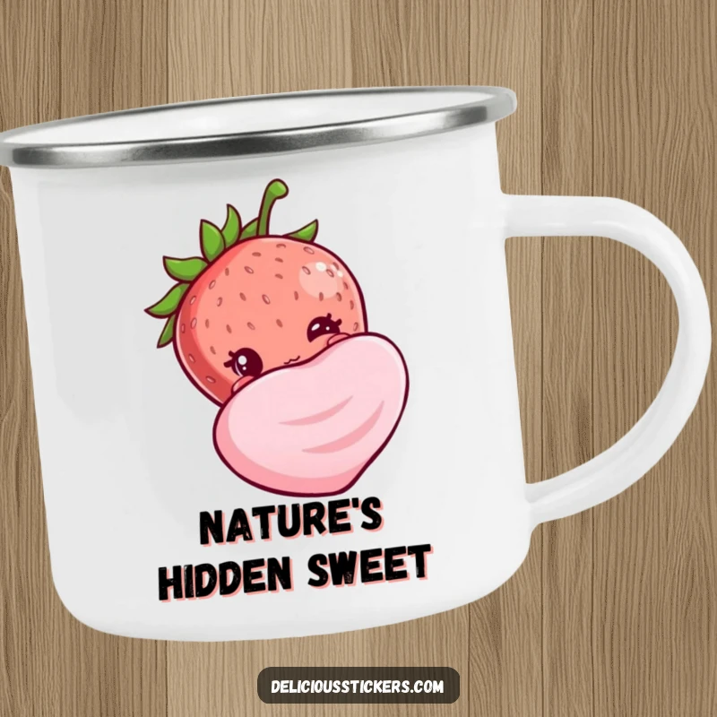 Funny shy strawberry camping mug, peeking shyly from behind candy, bringing a touch of sweet humor to outdoor trips.