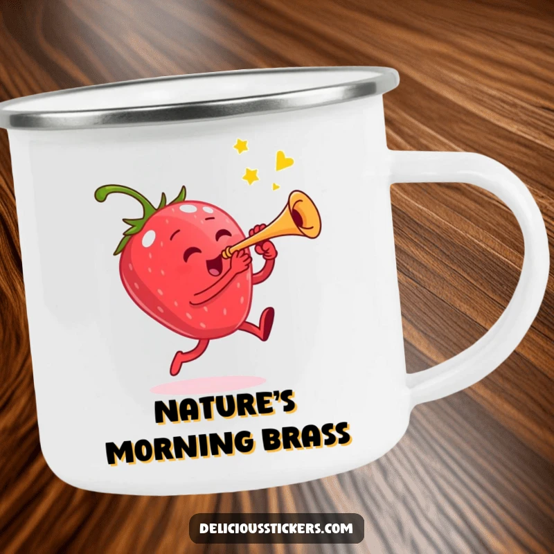 Funny enamel camping mug with a jumping strawberry character playing a small trumpet, designed for outdoor use.