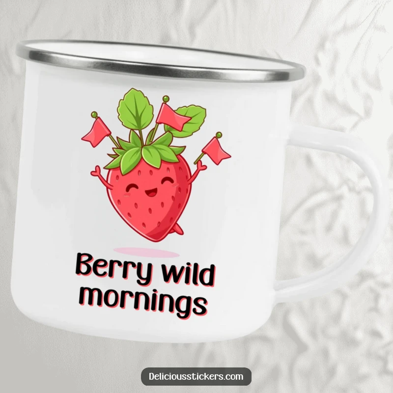 Funny camping mug featuring a lively strawberry character juggling its leaves like tiny flags, built for outdoor fun and laughter.