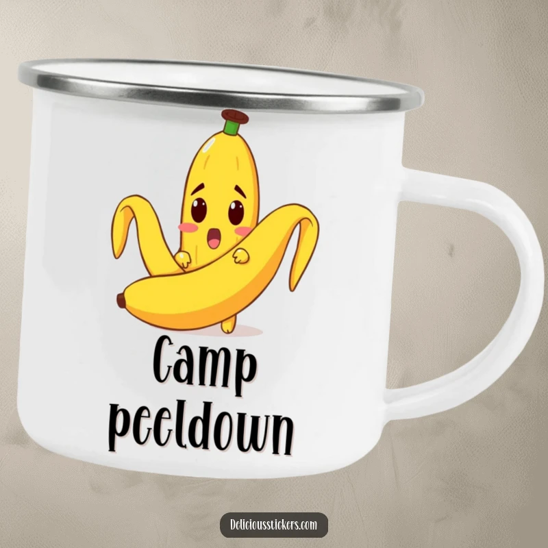 Funny camping mug depicting a surprised banana character peeking from a peel, perfect for outdoor fun and laughter.