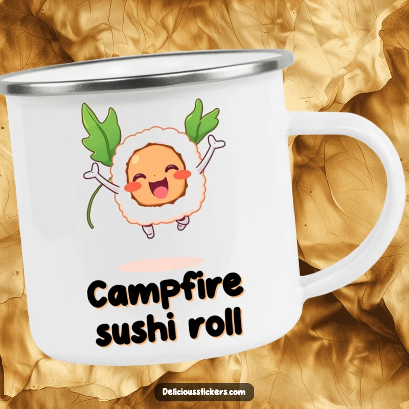 Funny camping mug with a smiling sushi roll joyfully jumping with seaweed wings.