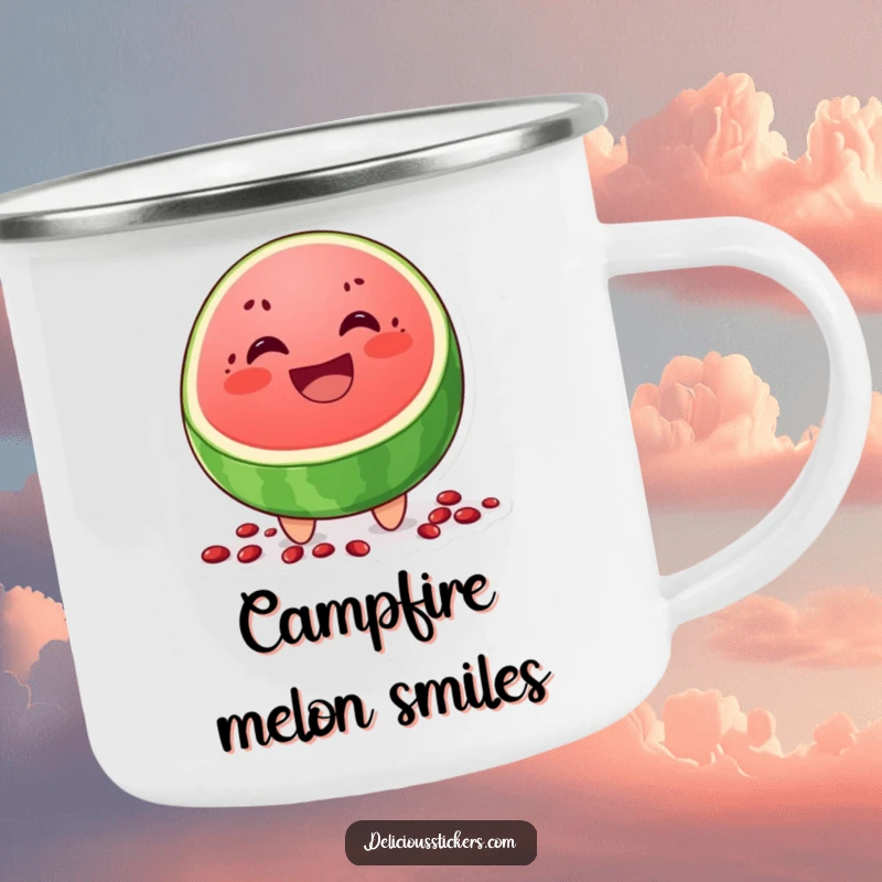 Funny camping mug depicting a cheerful watermelon slice grinning widely, perfect for summer outdoor fun.
