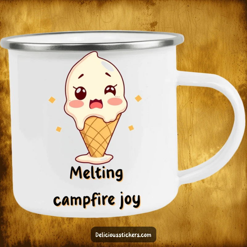 Funny camping mug featuring a shocked ice cream cone melting slightly, ideal for dessert lovers and outdoor enthusiasts who appreciate humor.