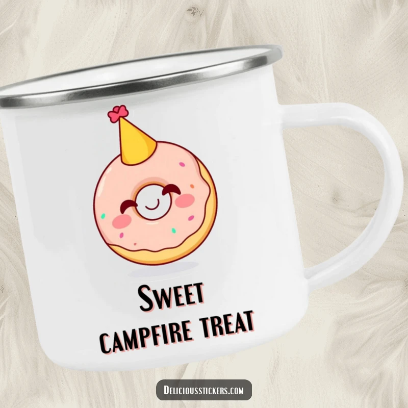 Funny camping mug with a joyful doughnut character wearing a party hat, ready to share sweet sips and giggles in the great outdoors.