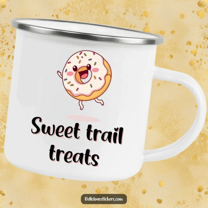 Funny donut camping mug with sprinkles cartwheeling, cartoon outdoor accessory, a humorous and durable sweet item.