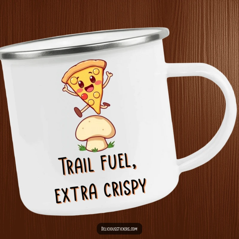 Funny Camping Mug: Cheerful pizza slice character leaping over a mushroom, bringing cartoon joy to outdoor beverages.