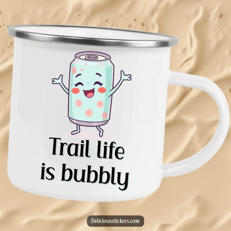Funny Soda Can Camping Mug featuring a cheerful soda can character doing a happy dance, perfect for adventures.
