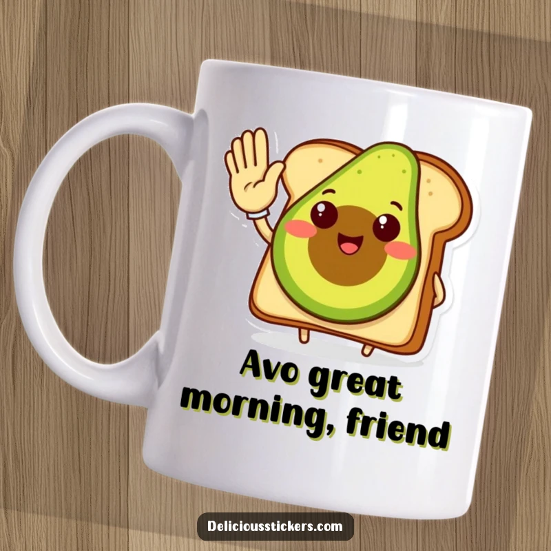 Funny avocado toast mug, smiling avocado toast character giving a high five, symbolizing positivity and energy.