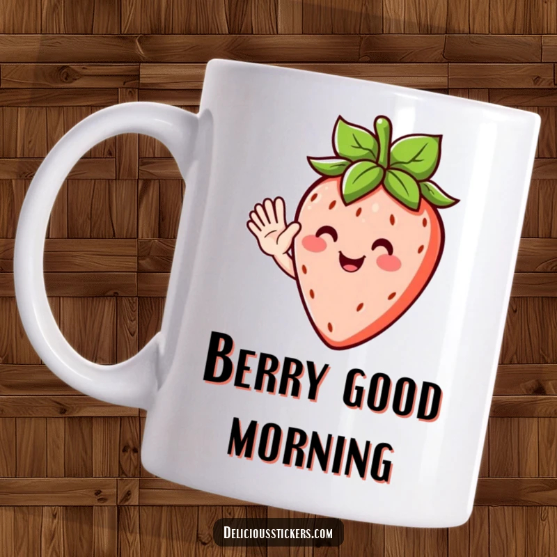 Funny mug featuring a happy strawberry character with leafy hair, enthusiastically waving hello with a cheerful, fruity smile.