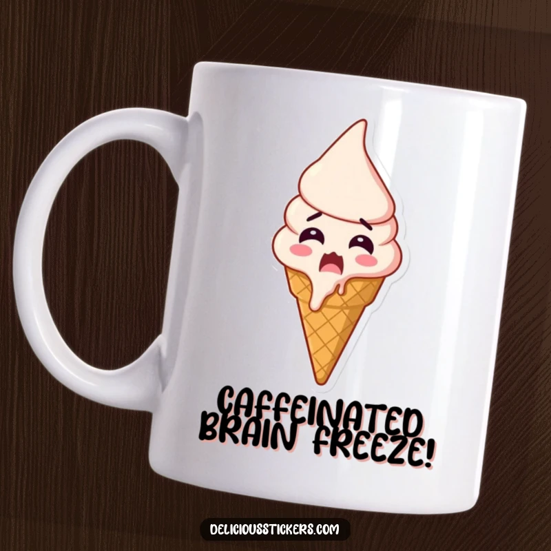 Funny shocked ice cream cone mug, the cone is melting slightly with wide eyes and an open mouth showing pure excitement.