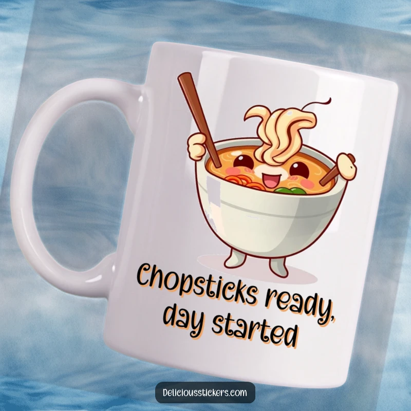 Funny mug featuring a happy ramen bowl character enthusiastically waving chopsticks like twirling batons, ready for a mealtime performance.