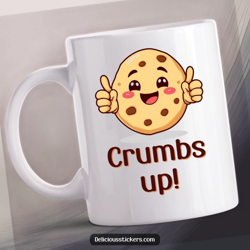 Funny Cookie Mug with a cheerful cookie character giving a double thumbs up, radiating happiness.