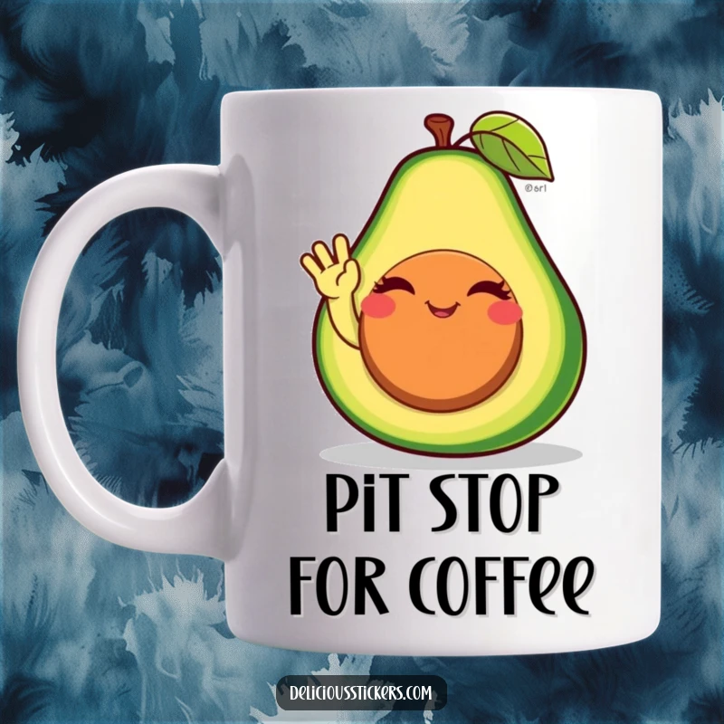 Funny avocado mug character winking and waving from its pit, showcasing its friendly and healthy personality for a cheerful sip.