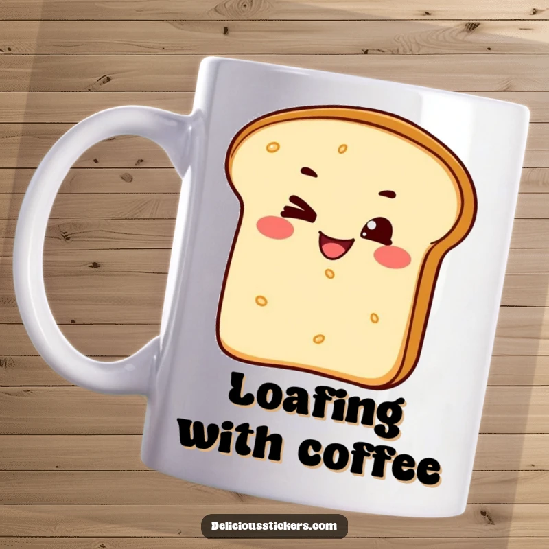 Funny mug featuring a mischievous bread loaf character giving a saucy wink and a wide, funny grin, ready to serve smiles.