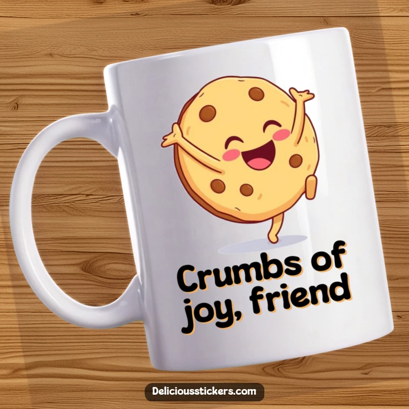 Funny cookie mug character performing an energetic cartwheel with a big smile, showcasing its enthusiastic and cheerful personality.