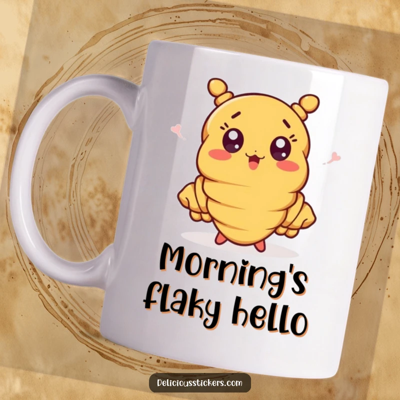 Funny croissant pastry, with ends waving exaggeratedly, on a mug, a surprised and humorous character.