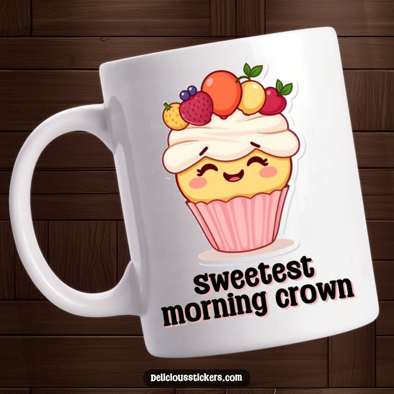 Funny cupcake mug with a giggling character attempting to wear a colorful fruit crown, a humorous design for dessert lovers.