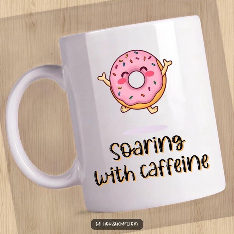 Funny Mug showcasing a jumping donut character with sprinkles energetically dancing, radiating pure happiness and playful energy.