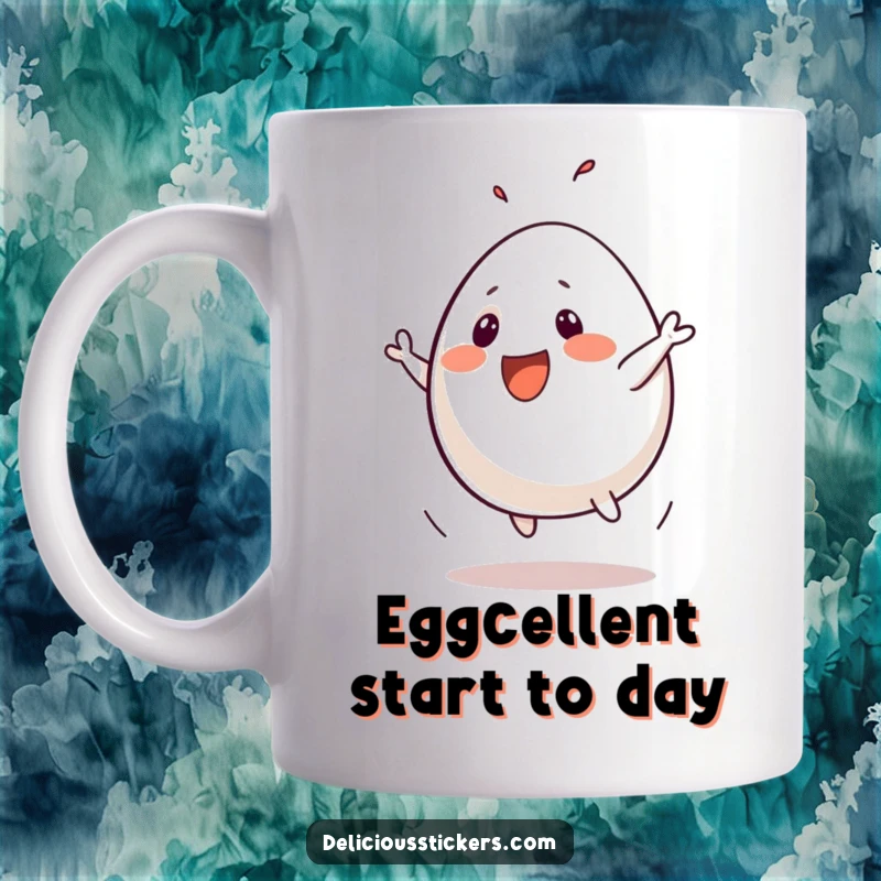 Funny mug featuring a cheerful anthropomorphic egg performing a comical, silly flip, radiating pure, bouncy breakfast energy.