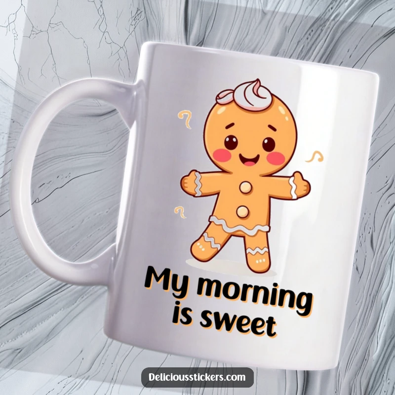 Funny happy gingerbread man doing a jig with frosting swirls, this mug is a joyful and humorous holiday gift for bakers.