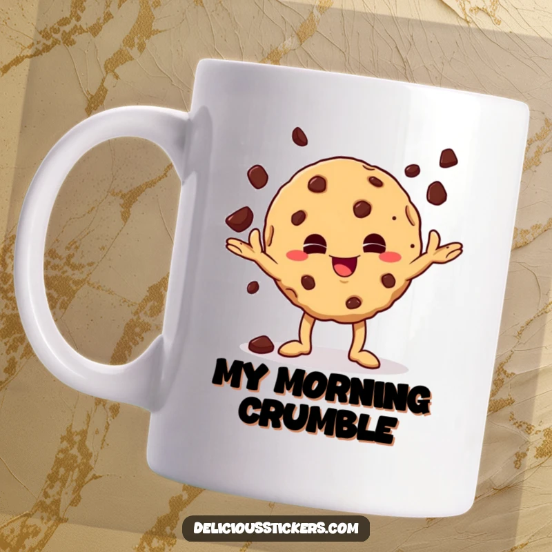 Funny mischievous cookie character juggling chocolate chips with a playful expression, perfect for coffee or tea.