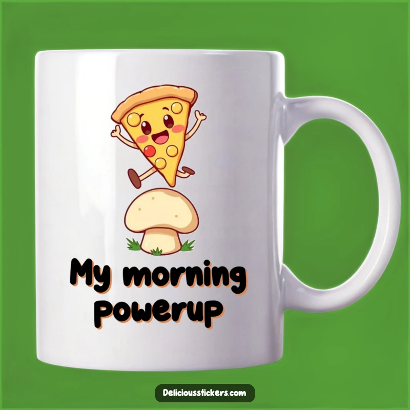 Funny Pizza Leap Mug: Cheerful Slice Jumps Over Mushroom, Perfect Gift!