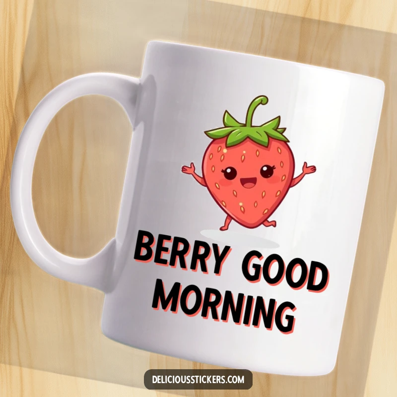 Funny strawberry jig mug showing a delighted strawberry doing a happy little jig with its leaves, full of energy.