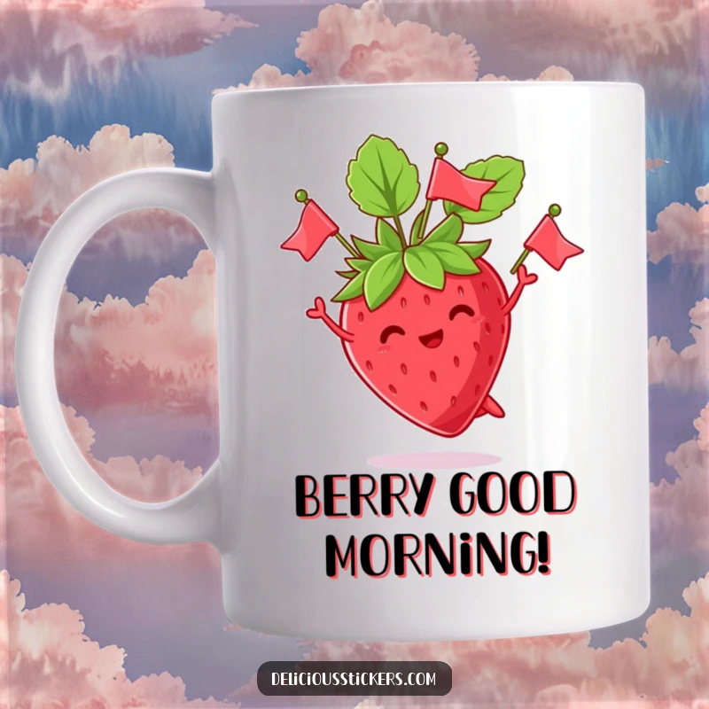Funny mug featuring a cheerful strawberry character energetically juggling its green leaves like tiny, festive flags in a whimsical gardening scene.