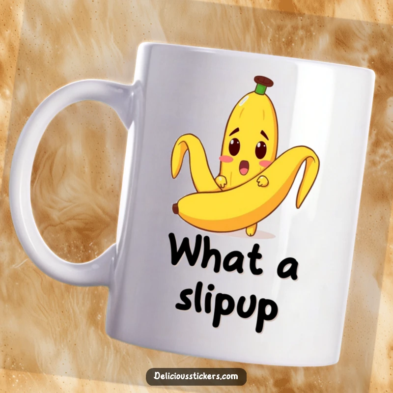 Funny mug showing a surprised banana character peeking from behind a large banana peel, full of playful mischief.