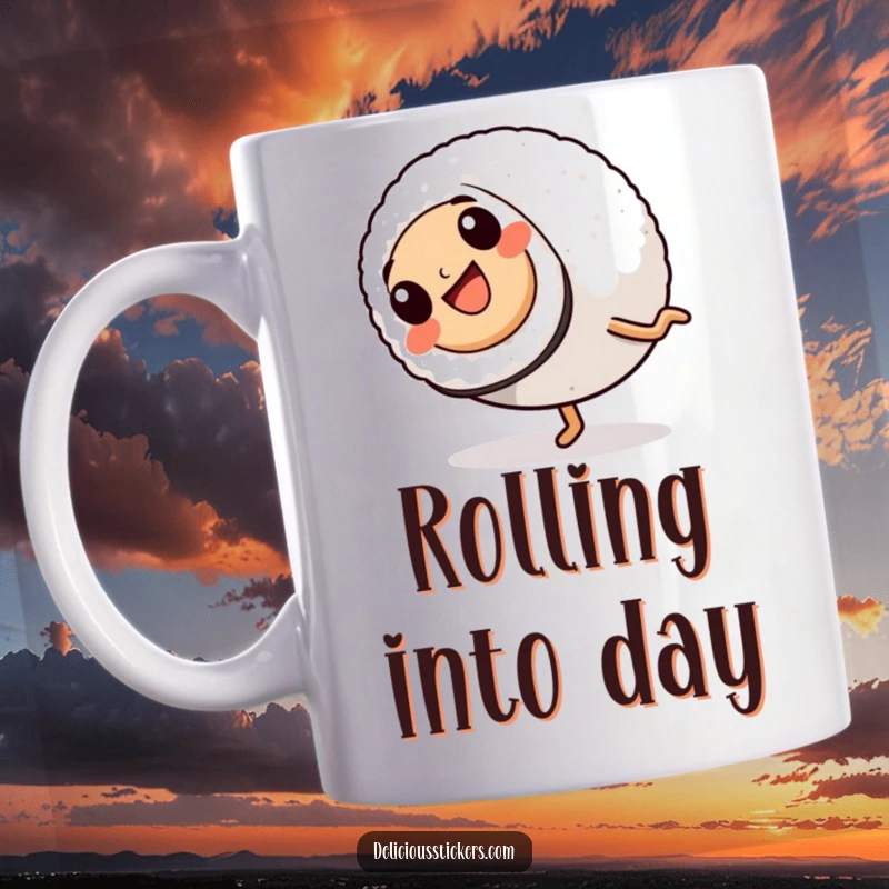 Funny Mug: A happy sushi roll with tiny legs performs a cheerful cartwheel, showcasing its energetic and joyful spirit.