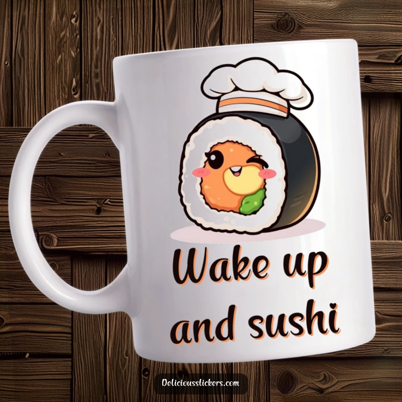 Funny sushi roll mug wearing a chef hat, winking playfully, a cartoon food character for a funny gift.