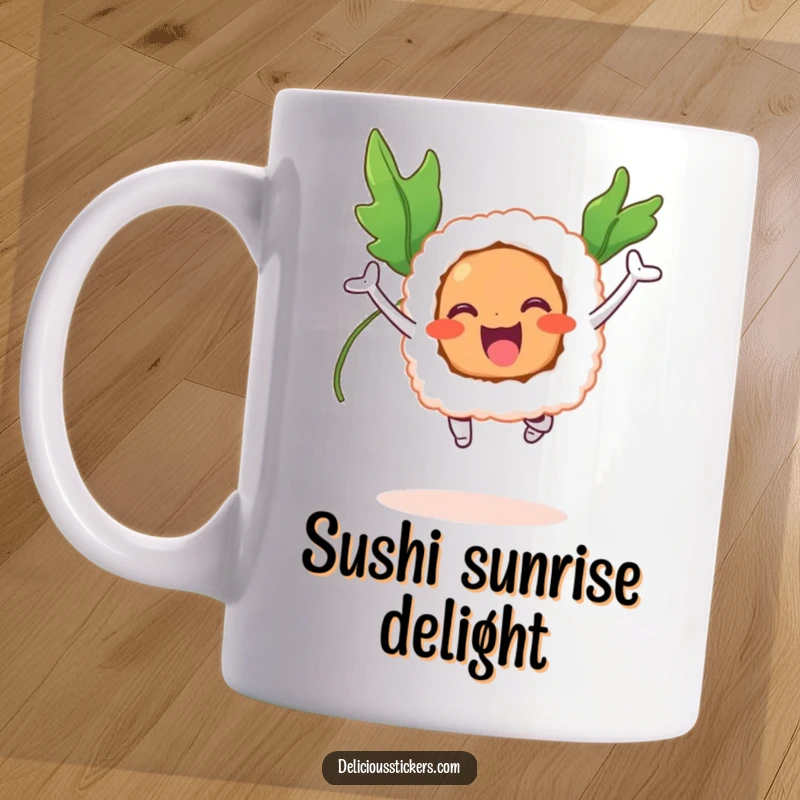 Funny mug featuring a smiling sushi roll joyfully jumping with delicate seaweed wings.