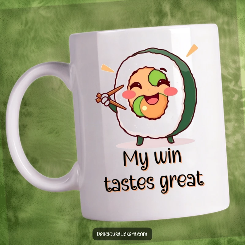 Funny smiling sushi roll character striking a victorious pose with chopsticks, this mug is a humorous gift for sushi lovers.